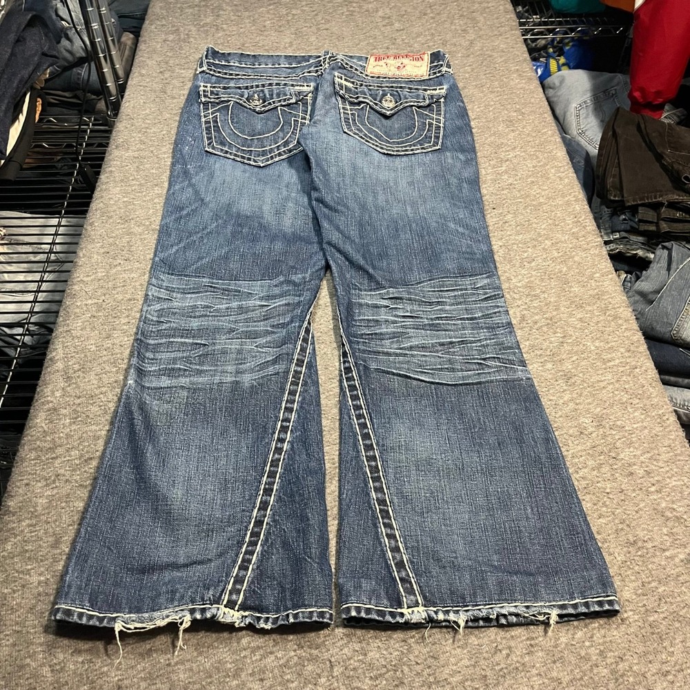 True Religion Joey Super T Flare Jeans Mens 38x31 Blue Contrast Stitch Denim